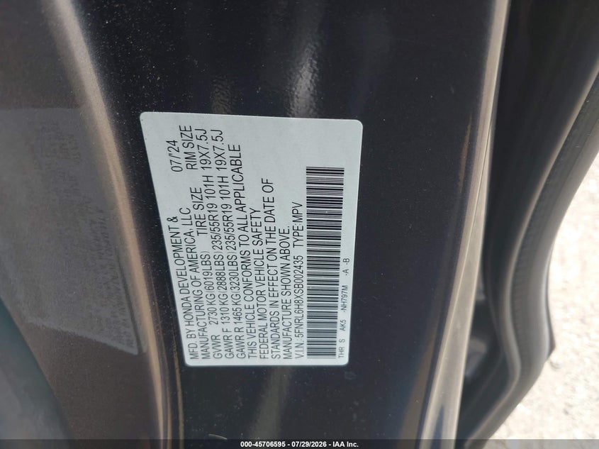 HONDA ODYSSEY 2025 VIN 5FNRL6H8XSB002435