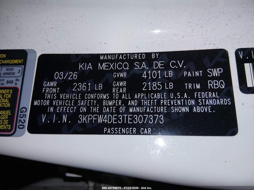 KIA K4 2026 VIN 3KPFW4DE3TE307373