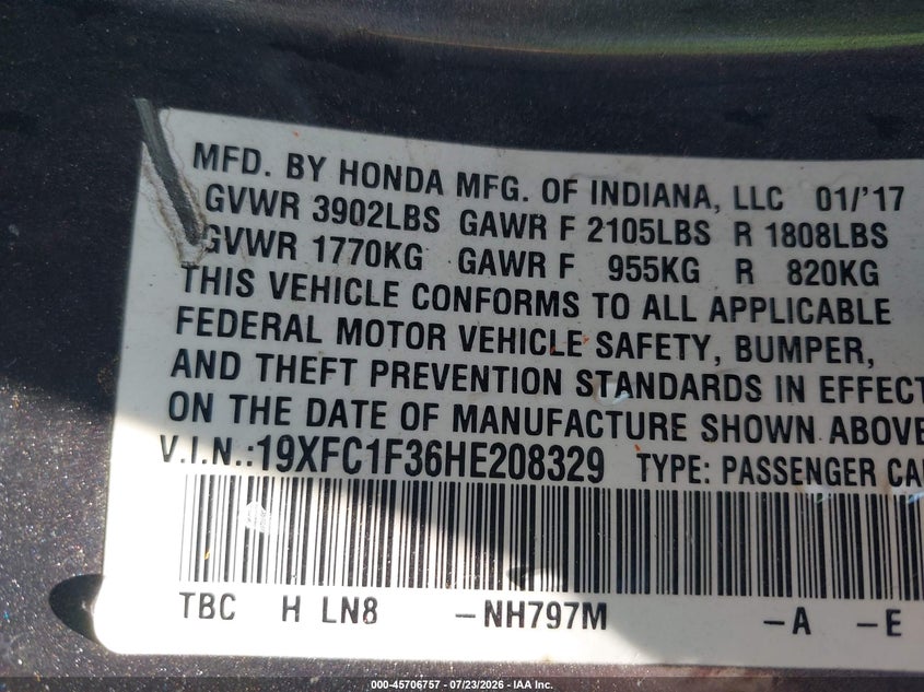 2017 HONDA CIVIC SEDAN 1.5L I-4 DI, DOHC, VVT, TURBO, REGULAR , 174HP