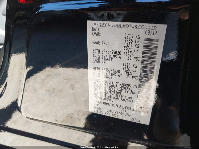 INFINITI JX35 2013 VIN 5N1AL0MN7DC320093