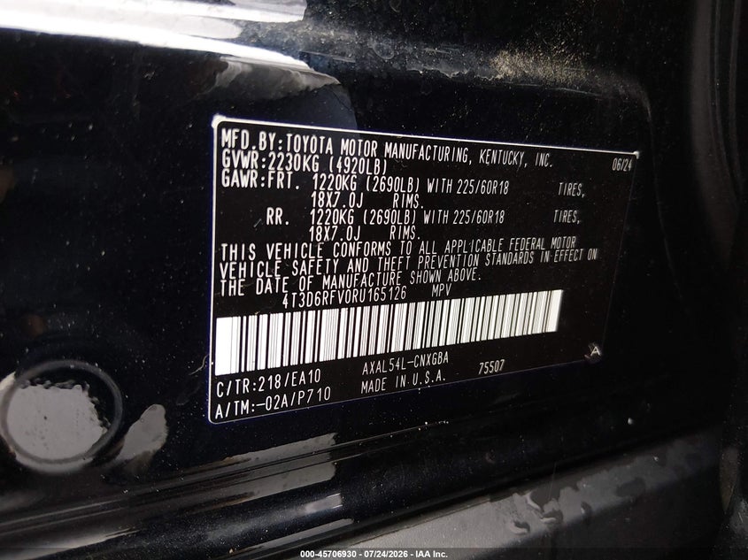 TOYOTA RAV4 HYBRID 2024 VIN 4T3D6RFV0RU165126