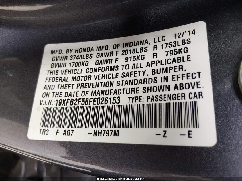 2015 HONDA CIVIC SEDAN 1.8L I-4 VVT, REGULAR , 143HP