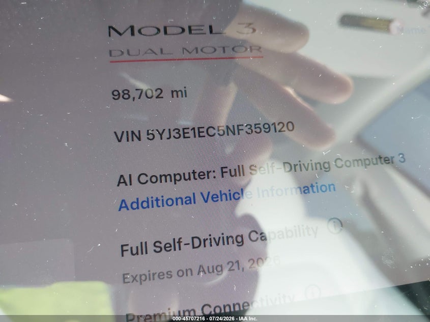 TESLA MODEL 3 2022 VIN 5YJ3E1EC5NF359120