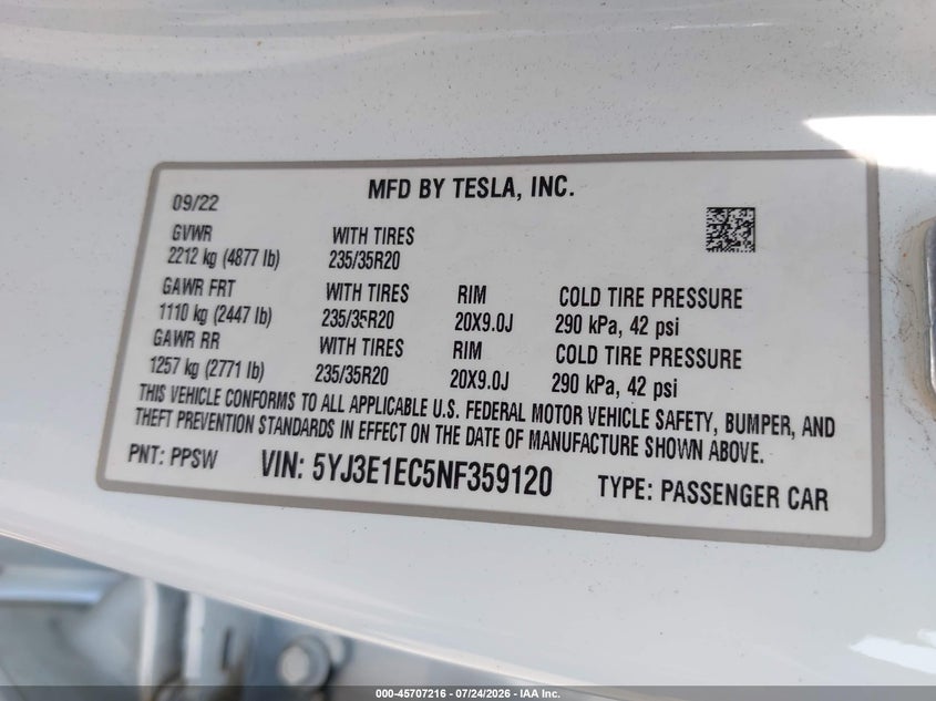 TESLA MODEL 3 2022 VIN 5YJ3E1EC5NF359120