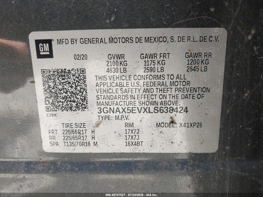 CHEVROLET EQUINOX 2020 VIN 3GNAX5EVXLS638424