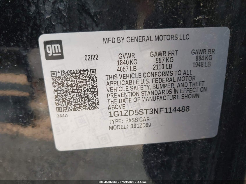 CHEVROLET MALIBU 2022 VIN 1G1ZD5ST3NF114488