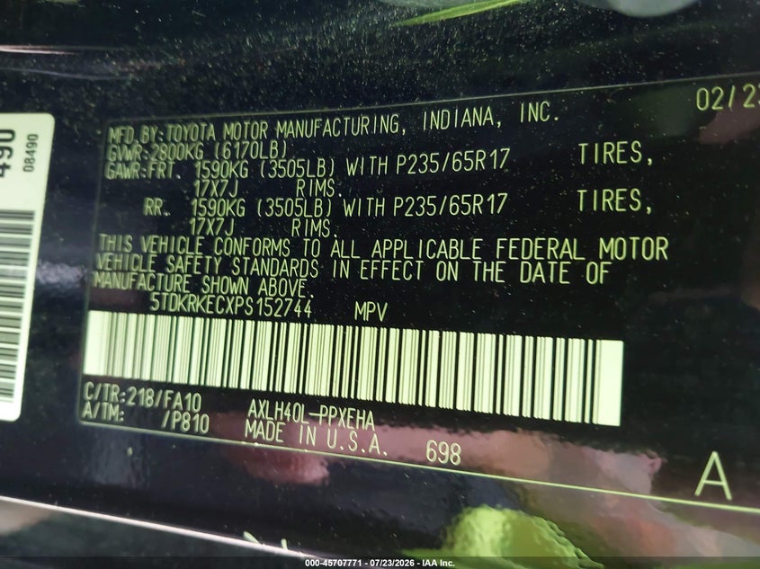 Vin: 5tdkrkecxps152744, lot: 46206427, toyota sienna le 20234