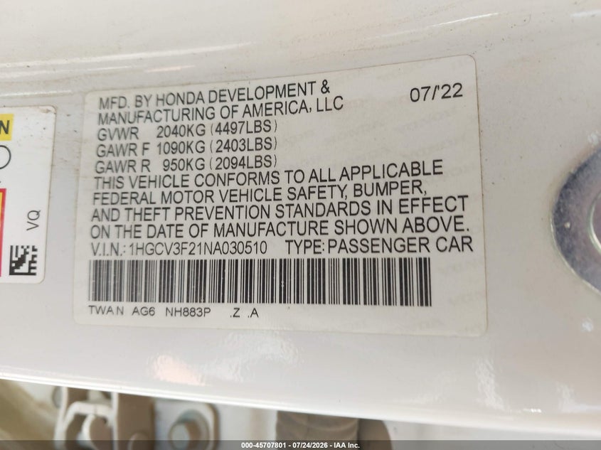 HONDA ACCORD HYBRID 2022 VIN 1HGCV3F21NA030510