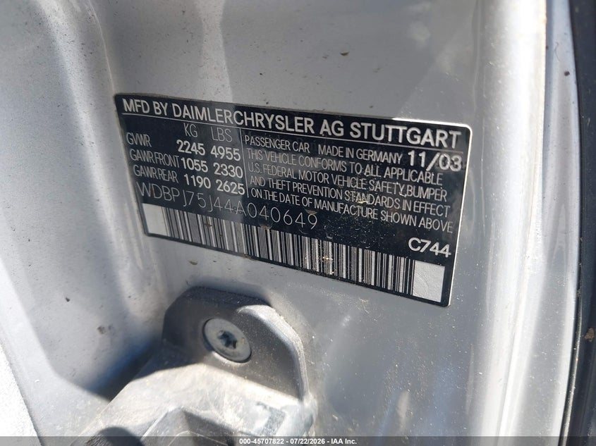 MERCEDES-BENZ CL 500 2004 VIN WDBPJ75J44A040649
