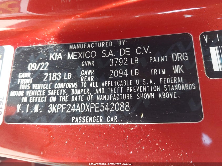 KIA FORTE 2023 VIN 3KPF24ADXPE542088