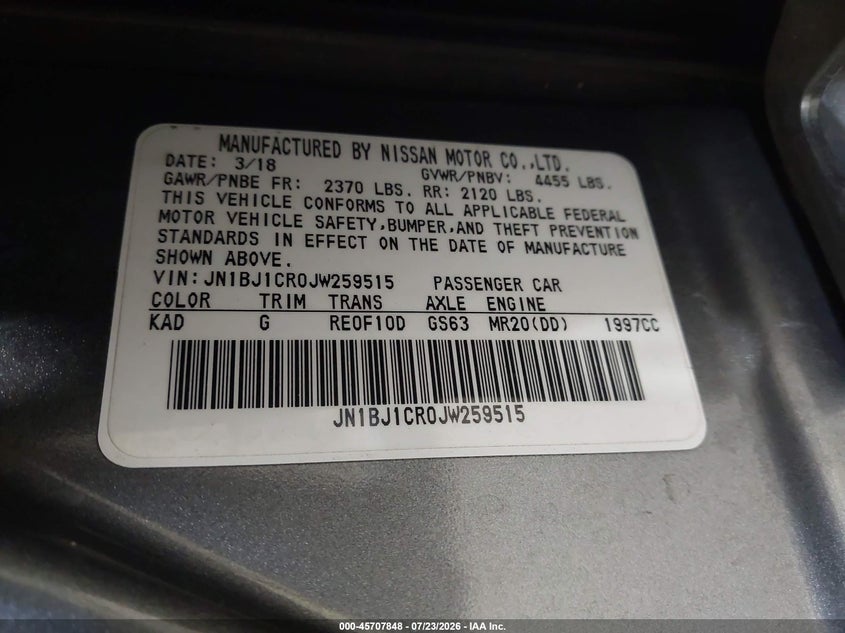 NISSAN ROGUE SPORT 2018 VIN JN1BJ1CR0JW259515