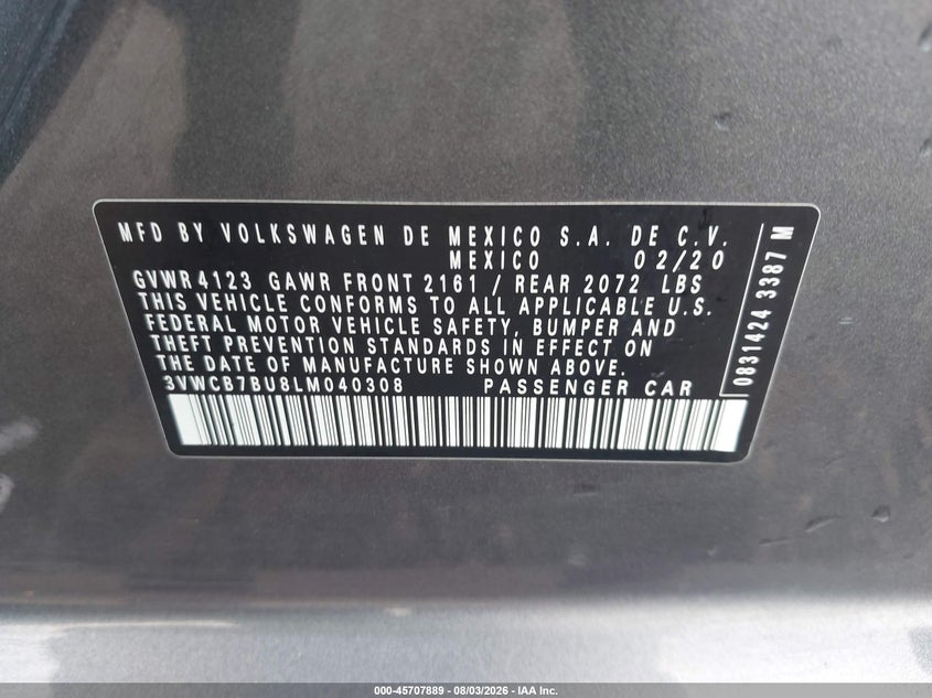 VOLKSWAGEN JETTA 2020 VIN 3VWCB7BU8LM040308