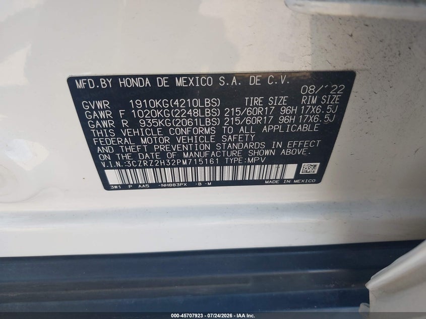 HONDA HR-V 2023 VIN 3CZRZ2H32PM715161