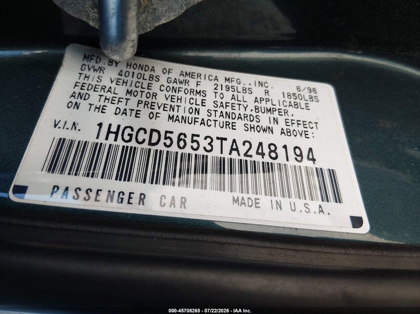 1996 HONDA ACCORD SEDAN 2.2L I4 FI SOHC 16V F4