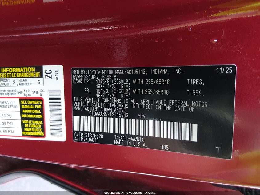 TOYOTA GRAND HIGHLANDER 2026 VIN 5TDAAAB52TS115913