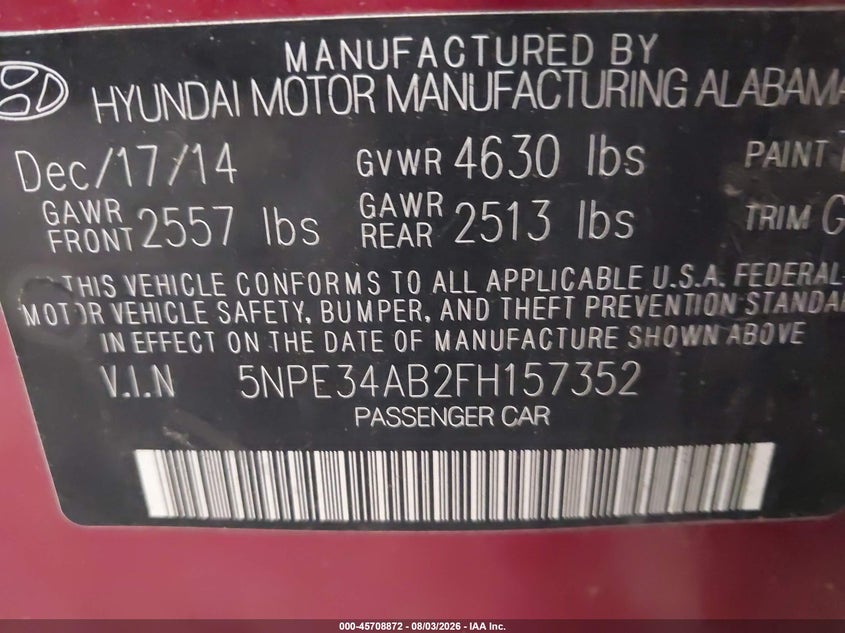 HYUNDAI SONATA 2015 VIN 5NPE34AB2FH157352
