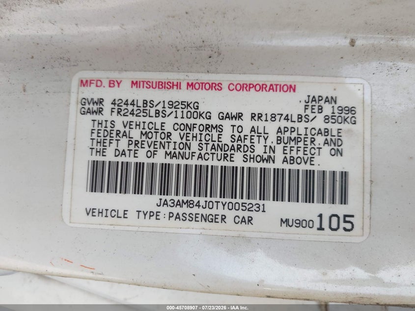 MITSUBISHI 3000 GT 1996 VIN JA3AM84J0TY005231