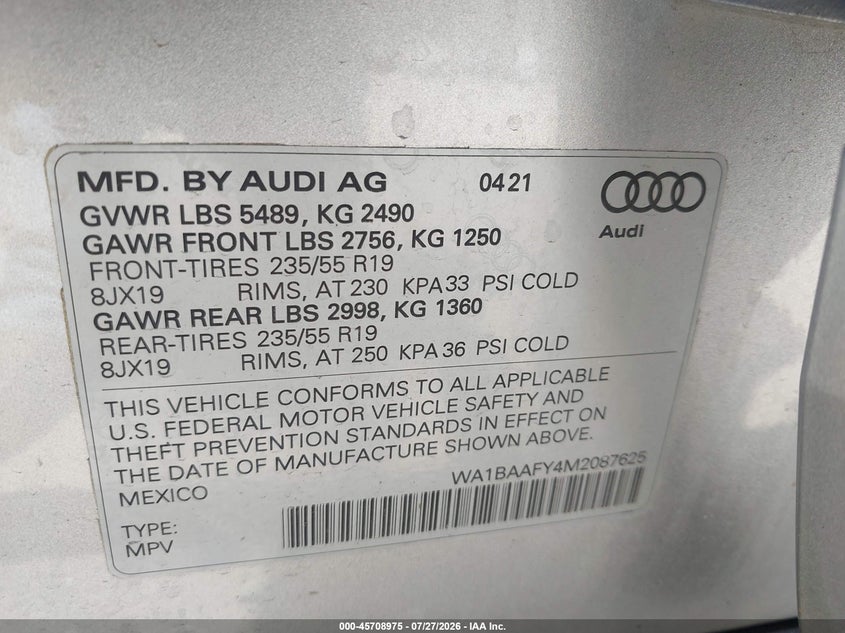 2021 AUDI Q5 SPORT UTILITY VEHICLE 2.0L I-4 DI, DOHC, VVT, TURBO, 261HP