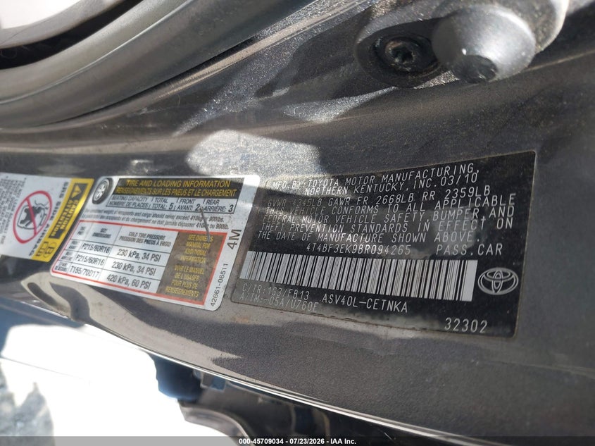 2011 TOYOTA CAMRY SEDAN 2.5L I-4 DOHC, VVT, 169HP