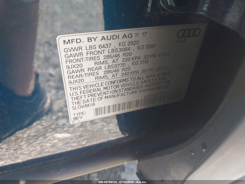 AUDI Q7 2018 VIN WA1LHAF78JD021862