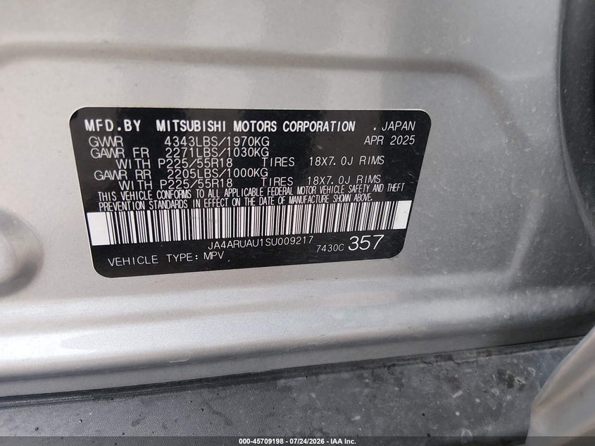 MITSUBISHI OUTLANDER SPORT 2025 VIN JA4ARUAU1SU009217