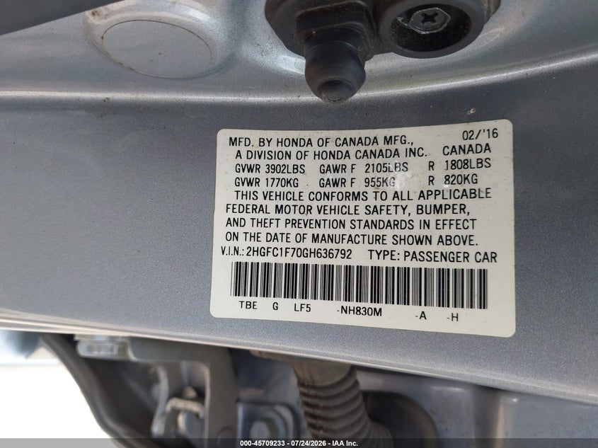 2016 HONDA CIVIC SEDAN 1.5L I-4 DI, DOHC, VVT, TURBO, 174HP