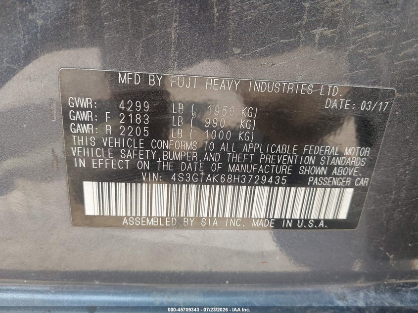 SUBARU IMPREZA 2017 VIN 4S3GTAK68H3729435