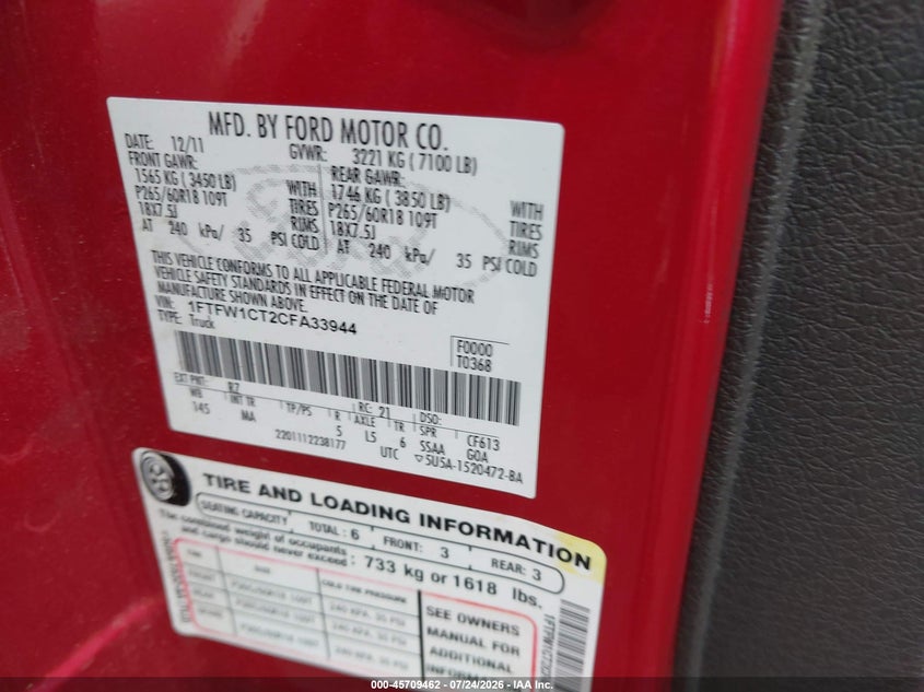 2012 FORD F-150 TRUCK 3.5L V6 FI DOHC 24V NF4