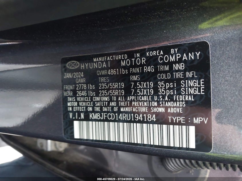 HYUNDAI TUCSON HYBRID 2024 VIN KM8JFCD14RU194184