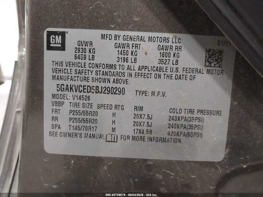 BUICK ENCLAVE 2011 VIN 5GAKVCED5BJ290290