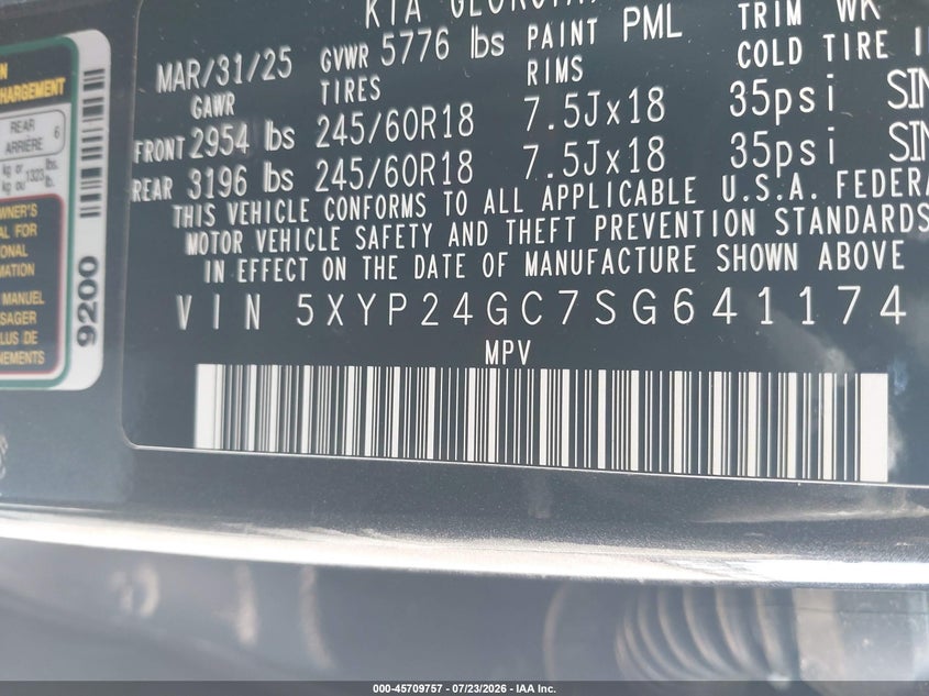 KIA TELLURIDE 2025 VIN 5XYP24GC7SG641174