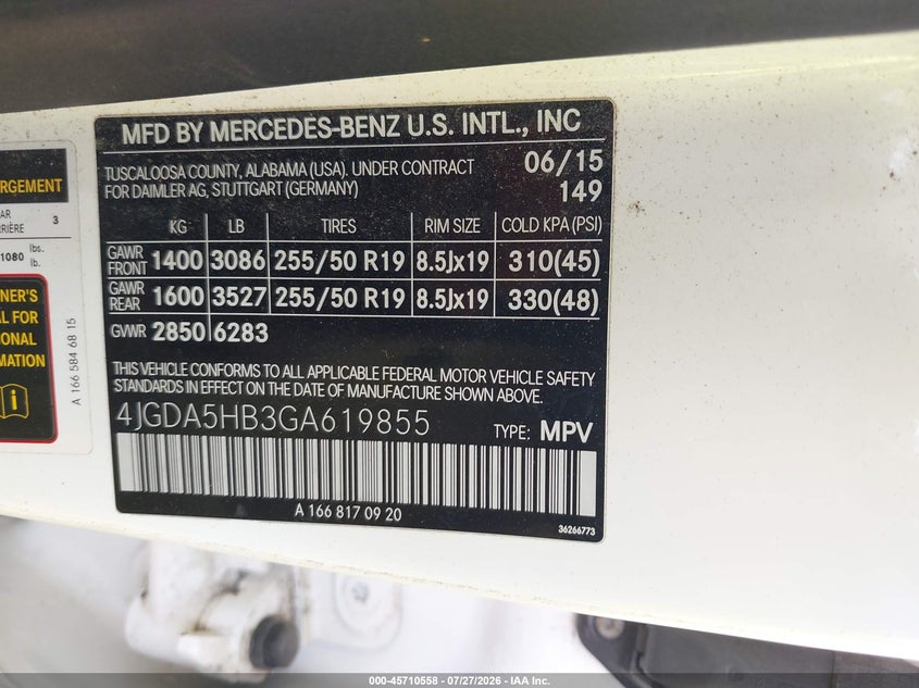 MERCEDES-BENZ GLE 350 2016 VIN 4JGDA5HB3GA619855
