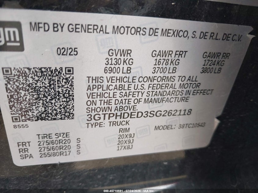 GMC SIERRA 1500 2025 VIN 3GTPHDED3SG262118