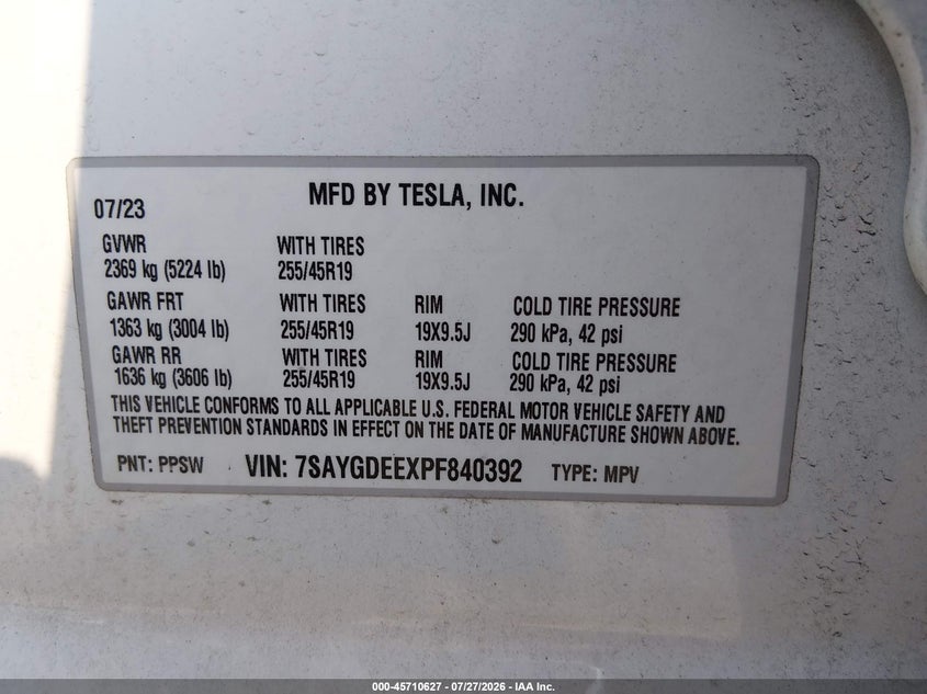 TESLA MODEL Y 2023 VIN 7SAYGDEEXPF840392
