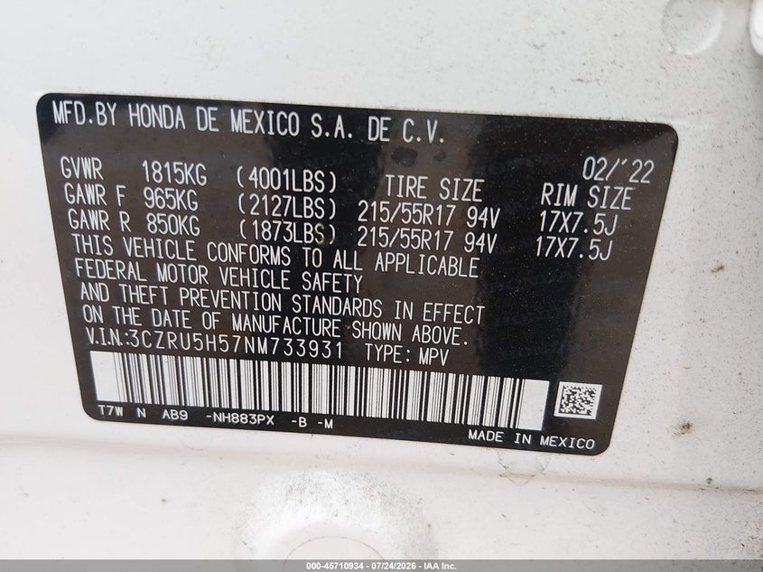 HONDA HR-V 2022 VIN 3CZRU5H57NM733931