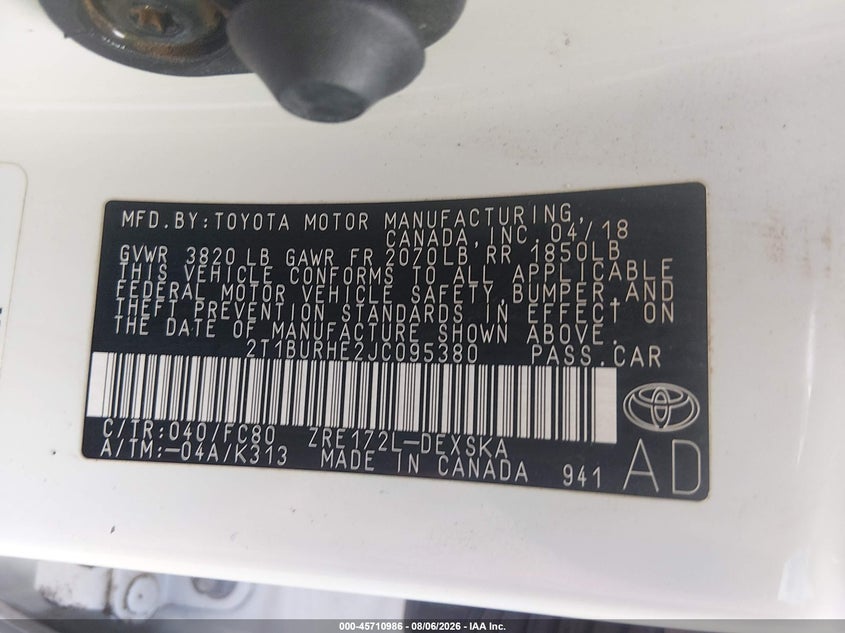 2018 TOYOTA COROLLA SEDAN 1.8L I-4 DOHC, VVT, 132HP