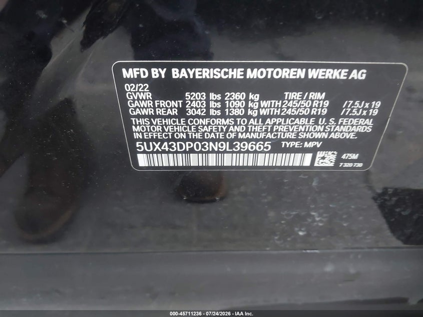BMW X3 2022 VIN 5UX43DP03N9L39665