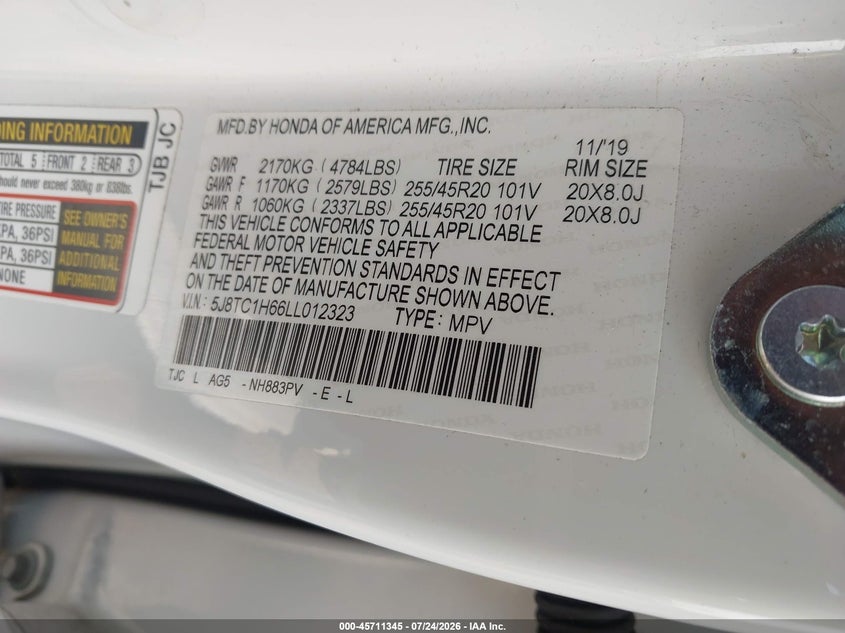 ACURA RDX 2020 VIN 5J8TC1H66LL012323