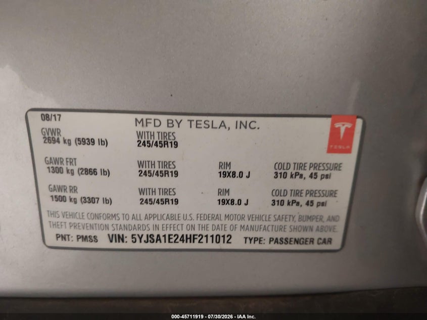 TESLA MODEL S 2017 VIN 5YJSA1E24HF211012
