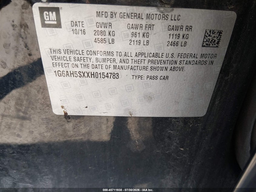 CADILLAC ATS 2017 VIN 1G6AH5SXXH0154783
