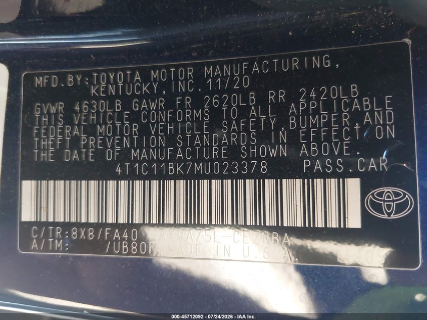 TOYOTA CAMRY 2021 VIN 4T1C11BK7MU023378
