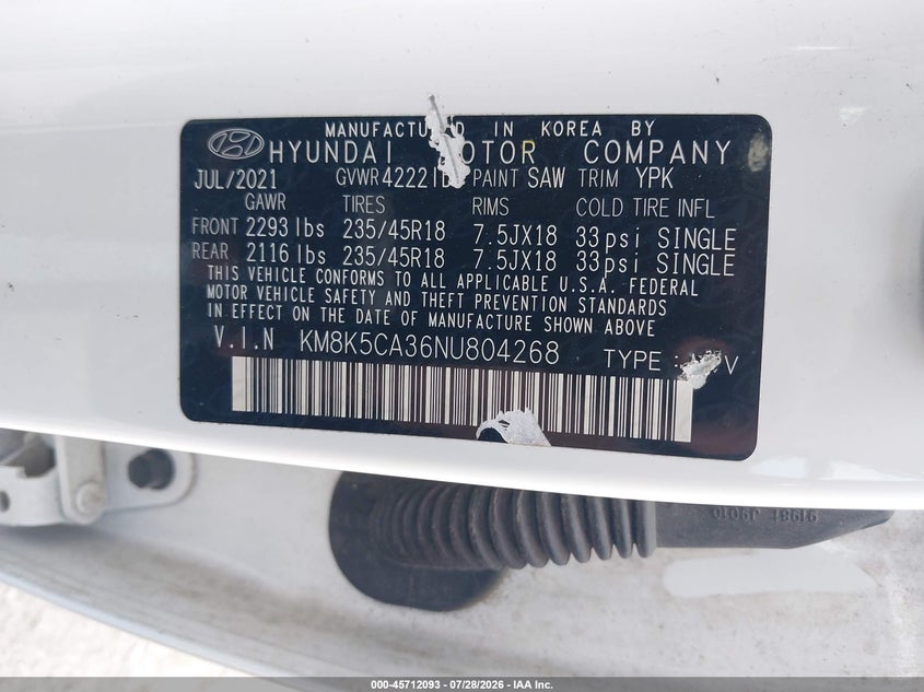 HYUNDAI KONA 2022 VIN KM8K5CA36NU804268