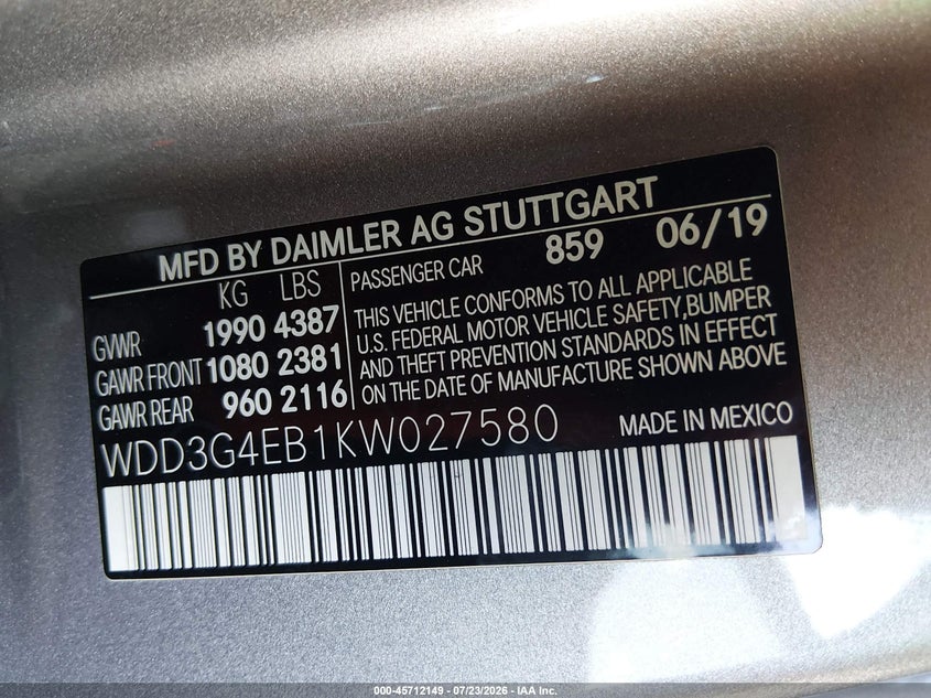 MERCEDES-BENZ A 220 2019 VIN WDD3G4EB1KW027580