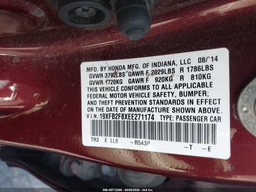 2014 HONDA CIVIC SEDAN 1.8L I-4 VVT, 143HP