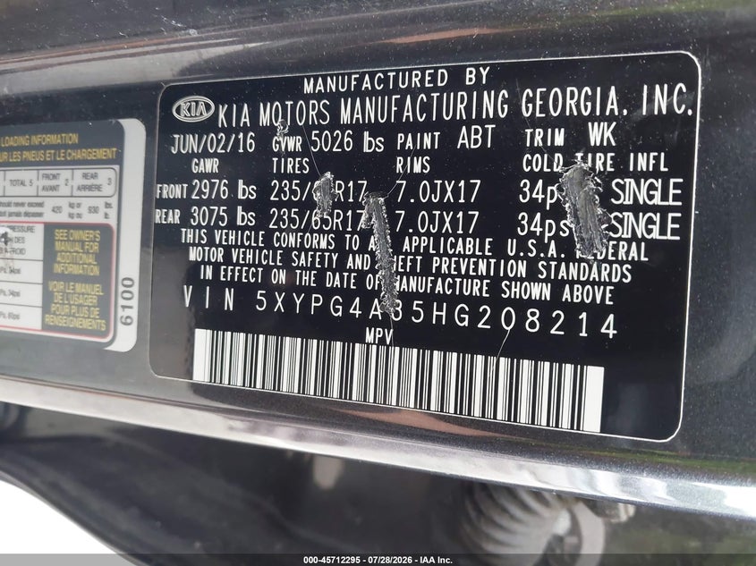KIA SORENTO 2017 VIN 5XYPG4A35HG208214