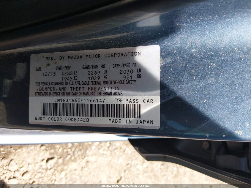 2015 MAZDA 6 SEDAN 2.5L I-4 DI, DOHC, VVT, 184HP