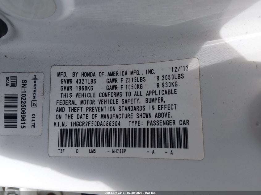HONDA ACCORD 2013 VIN 1HGCR2F50DA086204