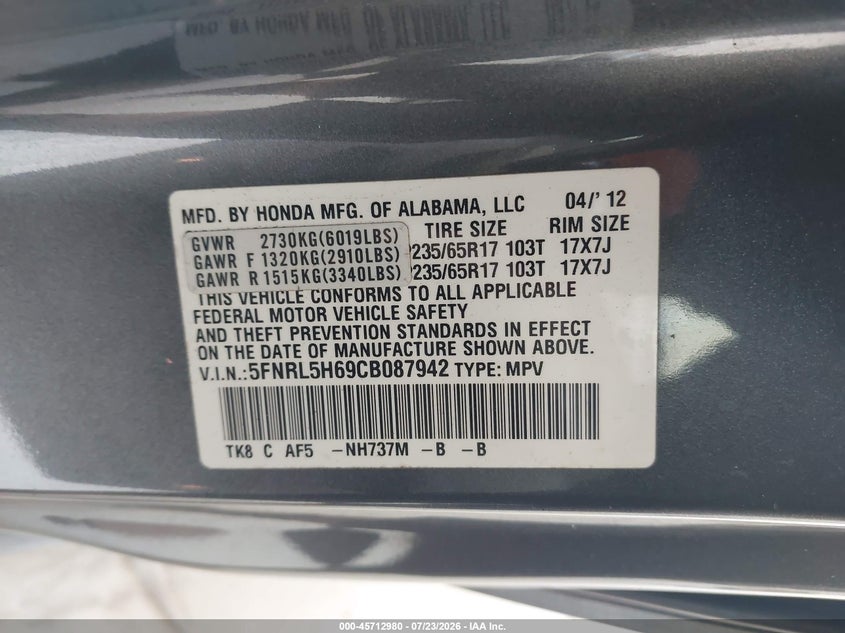 2012 HONDA ODYSSEY VAN 3.5L V-6 VVT, 248HP
