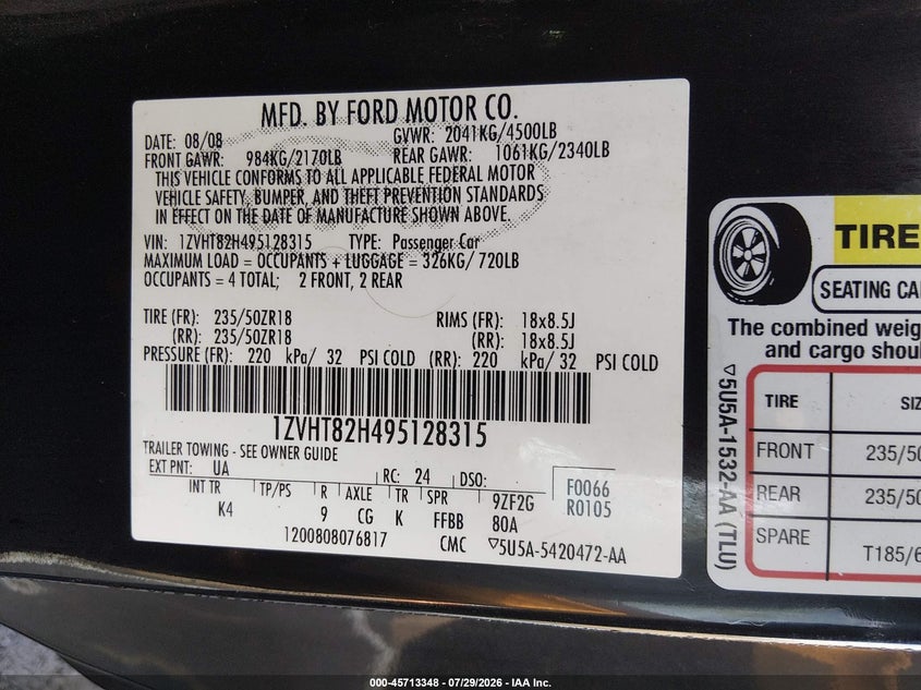 FORD MUSTANG 2009 VIN 1ZVHT82H495128315
