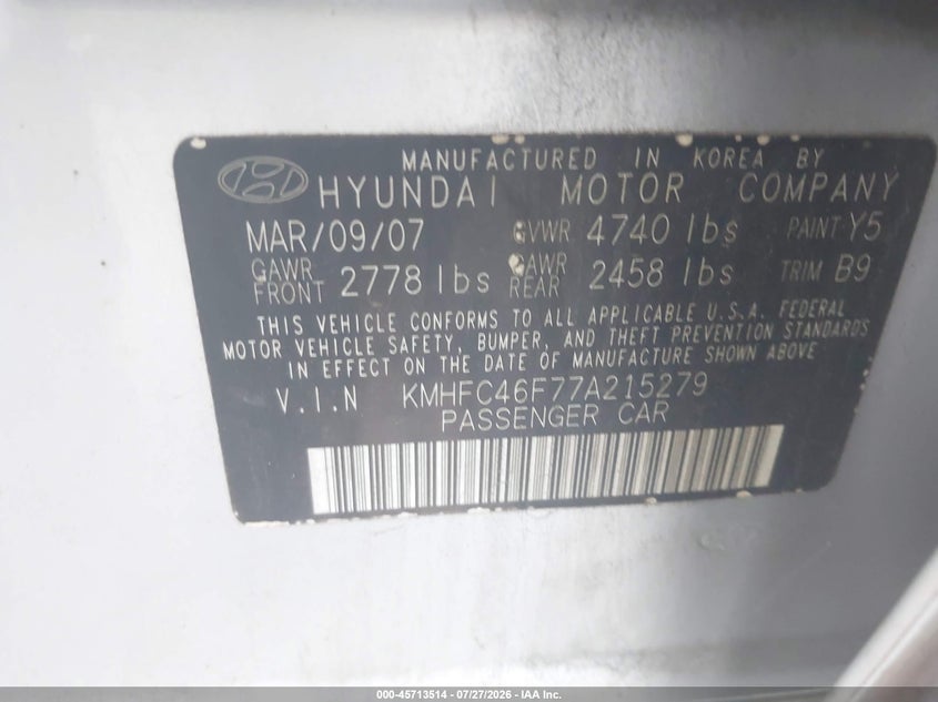 HYUNDAI AZERA 2007 VIN KMHFC46F77A215279